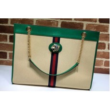 Gucci 536416 Rajah GG tote Bag in Beige Denim with green leather