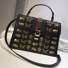 Gucci Sylvie Metal Animal Insects Studs Leather Top Handle Medium Bag 431665 Black 2017 Gucci Sylvie Metal Animal Insects Studs Leather Top Handle Medium Bag 431665 Black 2017