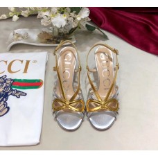 Gucci Heel 8.5cm Cut-out Bow Leather Sandals Silver/Gold 2019