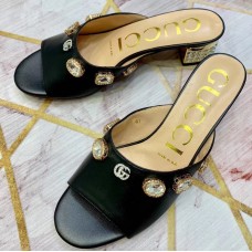 Gucci Lyric GG Crystal Embellished Heel Moire Mules Black 2019 Gucci Lyric GG Crystal Embellished Heel Moire Mules Black 2019
