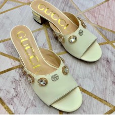 Gucci Lyric GG Crystal Embellished Heel Moire Mules White 2019 Gucci Lyric GG Crystal Embellished Heel Moire Mules White 2019
