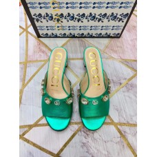 Gucci Lyric GG Crystal Embellished Heel Moire Mules Green 2019 Gucci Lyric GG Crystal Embellished Heel Moire Mules Green 2019