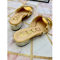 Gucci Lyric GG Crystal Embellished Heel Moire Mules Gold 2019 Gucci Lyric GG Crystal Embellished Heel Moire Mules Gold 2019