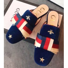 Gucci Velvet Embroidered Slipper With Sylvie Bow 496561 Blue 2018 Gucci Velvet Embroidered Slipper With Sylvie Bow 496561 Blue 2018