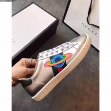 Gucci Ace Leather Low-Top Lovers Sneakers Comet Embroidered Sliver 2018 Gucci Ace Leather Low-Top Lovers Sneakers Comet Embroidered Sliver 2018