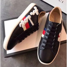 Gucci Ace Leather Low-Top Lovers Sneakers For Love Embroidered Black 2018 Gucci Ace Leather Low-Top Lovers Sneakers For Love Embroidered Black 2018