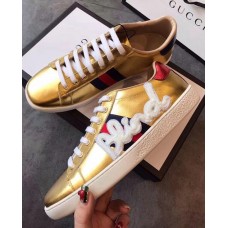 Gucci Ace Leather Low-Top Lovers Sneakers For Love Embroidered Gold 2018 Gucci Ace Leather Low-Top Lovers Sneakers For Love Embroidered Gold 2018