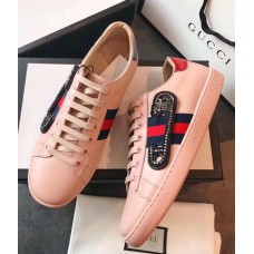 Gucci Ace Leather Low-Top Lovers Sneakers Web Crystal Embroidered Safety Pin Pink 2018 Gucci Ace Leather Low-Top Lovers Sneakers Web Crystal Embroidered Safety Pin Pink 2018