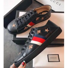 Gucci Ace Leather Low-Top Lovers Sneakers Web Embroidered Bees and Stars Black 2018 Gucci Ace Leather Low-Top Lovers Sneakers Web Embroidered Bees and Stars Black 2018