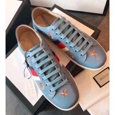 Gucci Ace Leather Low-Top Lovers Sneakers Web Embroidered Bees and Stars Blue 2018 Gucci Ace Leather Low-Top Lovers Sneakers Web Embroidered Bees and Stars Blue 2018