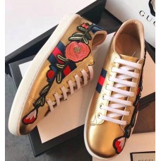 Gucci Ace Leather Low-Top Lovers Sneakers Web Embroidered Floral and Bow Gold 2018 Gucci Ace Leather Low-Top Lovers Sneakers Web Embroidered Floral and Bow Gold 2018