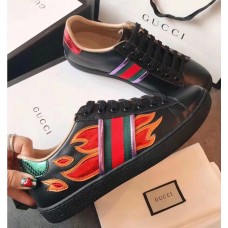 Gucci Ace Leather Low-Top Lovers Sneakers Web Flames Black 2018 Gucci Ace Leather Low-Top Lovers Sneakers Web Flames Black 2018