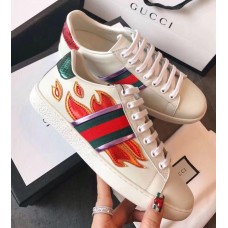 Gucci Ace Leather Low-Top Lovers Sneakers Web Flames Off White 2018 Gucci Ace Leather Low-Top Lovers Sneakers Web Flames Off White 2018
