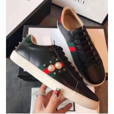 Gucci Ace Leather Low-Top Lovers Sneakers Web Pearl Studs Black 2018 Gucci Ace Leather Low-Top Lovers Sneakers Web Pearl Studs Black 2018