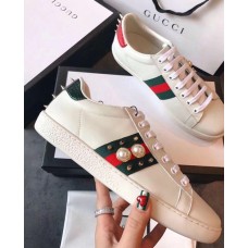 Gucci Ace Leather Low-Top Lovers Sneakers Web Pearl Studs Creamy 2018 Gucci Ace Leather Low-Top Lovers Sneakers Web Pearl Studs Creamy 2018