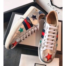Gucci Ace Leather Low-Top Lovers Sneakers Web Star Silver 2018 Gucci Ace Leather Low-Top Lovers Sneakers Web Star Silver 2018