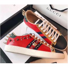 Gucci Ace Leather Low-Top Lovers Sneakers Web Studs And Metal Feline Red 2018 Gucci Ace Leather Low-Top Lovers Sneakers Web Studs And Metal Feline Red 2018