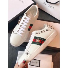 Gucci Ace Leather Low-Top Lovers Sneakers Web Studs And Metal Feline White 2018 Gucci Ace Leather Low-Top Lovers Sneakers Web Studs And Metal Feline White 2018