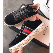 Gucci Ace Leather Studded And Pearl Velvet Sneakers Black 2017 Gucci Ace Leather Studded And Pearl Velvet Sneakers Black 2017