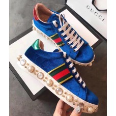 Gucci Ace Leather Studded And Pearl Velvet Sneakers Blue 2017 Gucci Ace Leather Studded And Pearl Velvet Sneakers Blue 2017