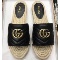 Gucci Leather Espadrilles Slides Sandals Black With Double G 573028 2019 Gucci Leather Espadrilles Slides Sandals Black With Double G 573028 2019