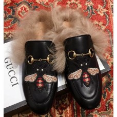 Gucci Princetown Leather Fur Slipper Black Bee Gucci Princetown Leather Fur Slipper Black Bee