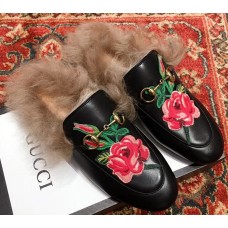 Gucci Princetown Leather Fur Slipper Black Flowers Gucci Princetown Leather Fur Slipper Black Flowers