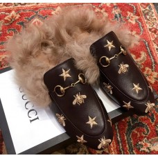 Gucci Princetown Leather Fur Slipper Black Bee And Star Gucci Princetown Leather Fur Slipper Black Bee And Star