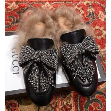 Gucci Princetown Crystal Embroidered Bow With Lamb Fur Slipper Horsebit Detail 471955 Black Gucci Princetown Crystal Embroidered Bow With Lamb Fur Slipper Horsebit Detail 471955 Black