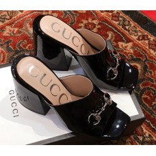 Gucci Patent Leather Horsebit 10cm High-Heel Slides 536773 Black 2019 Gucci Patent Leather Horsebit 10cm High-Heel Slides 536773 Black 2019