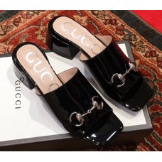 Gucci Patent Leather Horsebit 5cm Mid-Heel Slides 543188 Black 2019 Gucci Patent Leather Horsebit 5cm Mid-Heel Slides 543188 Black 2019