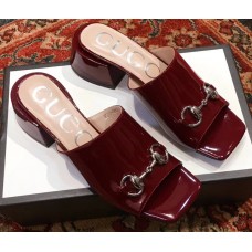 Gucci Patent Leather Horsebit 5cm Mid-Heel Slides 543188 Burgundy 2019 Gucci Patent Leather Horsebit 5cm Mid-Heel Slides 543188 Burgundy 2019