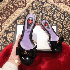 Gucci Heel 2cm Patent Leather Silver-toned Spikes Mules with Bow Black 2019