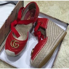 Gucci Double G Leather Platform 10cm Espadrille 573023 with Grosgrain Lace-up Red Gucci Double G Leather Platform 10cm Espadrille 573023 with Grosgrain Lace-up Red