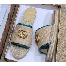 Gucci Chevron Raffia Espadrilles Slides Sandals With Double G 578554 Nude/Turquoise 2019 Gucci Chevron Raffia Espadrilles Slides Sandals With Double G 578554 Nude/Turquoise 2019