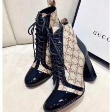 Gucci Patent Black Lace-up Ankle Boots GG Beige 2019 Gucci Patent Black Lace-up Ankle Boots GG Beige 2019