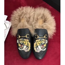 Gucci Princetown Calfskin Horsebit Detail Embroidered Tiger Slipper With Fur 2017 Gucci Princetown Calfskin Horsebit Detail Embroidered Tiger Slipper With Fur 2017