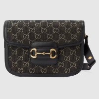 Gucci 1955 Horsebit Shoulder Bag In Black Denim Gucci 1955 Horsebit Shoulder Bag In Black Denim