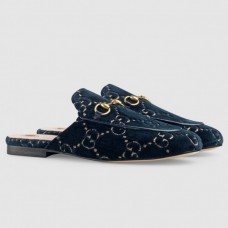 Gucci Princetown Slippers In Blue GG Velvet Gucci Princetown Slippers In Blue GG Velvet