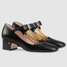 Gucci Black Chain Pumps 45mm With Crystal Bow Gucci Black Chain Pumps 45mm With Crystal Bow