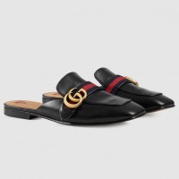 Gucci Black Leather Slippers With Signature Web Gucci Black Leather Slippers With Signature Web