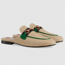Gucci Princetown Canvas Slippers With Green Leather Trim Gucci Princetown Canvas Slippers With Green Leather Trim