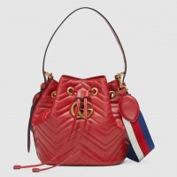 Gucci Sylvie Web Strap GG Marmont Chevron Quilted Leather Bucket Bag 476674 Red Gucci Sylvie Web Strap GG Marmont Chevron Quilted Leather Bucket Bag 476674 Red