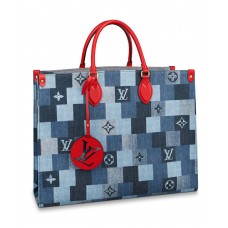 Louis Vuitton Onthego GM Tote Bag In Damier Monogram Denim Canvas M44992 Blue/Red Louis Vuitton Onthego GM Tote Bag In Damier Monogram Denim Canvas M44992 Blue/Red