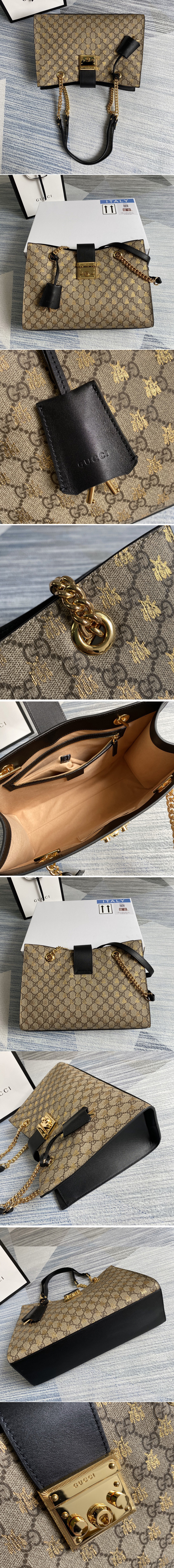 Replica Gucci 498156 Padlock small GG bees shoulder bag in Beige/ebony GG Supreme canvas