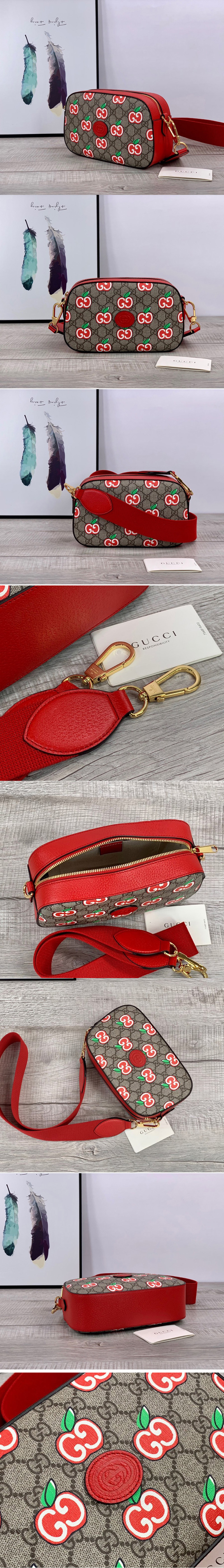 Replica Gucci 574886 Chinese Valentine's Day small shoulder bag in GG apple print beige/ebony GG Supreme canvas