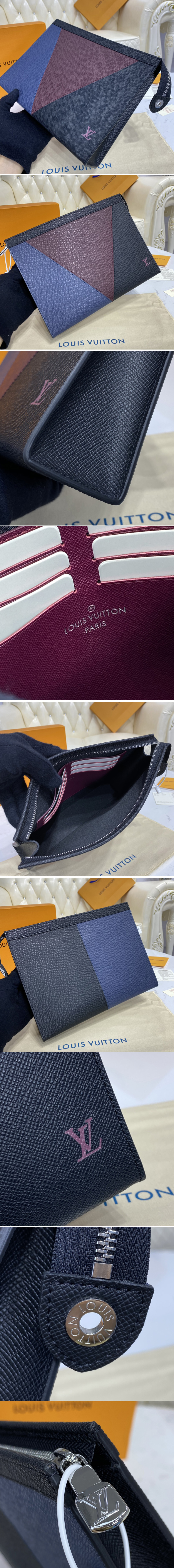 Replica Louis Vuitton M30718 LV Pochette Voyage MM in Burgundy, black and navy blue Taiga leather