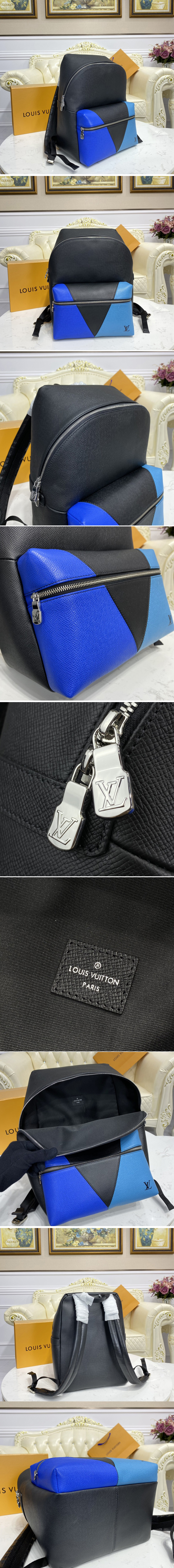 Replica Louis Vuitton M30735 LV Discovery backpack in Blue monochrome Taiga leather