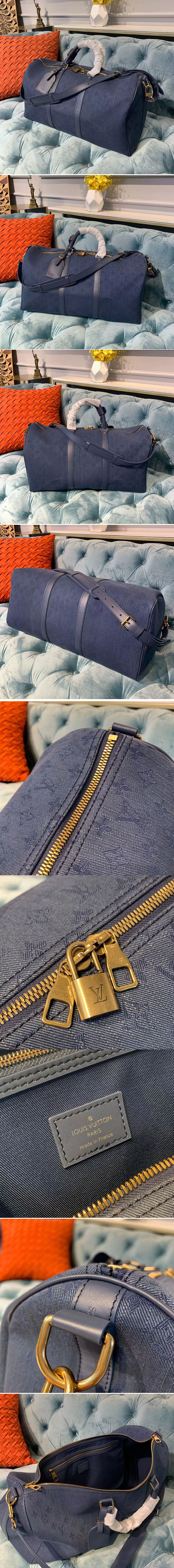 Replica Louis Vuitton M44645 LV Keepall Bandouliere 50 Bags Navy Blue Monogram Denim