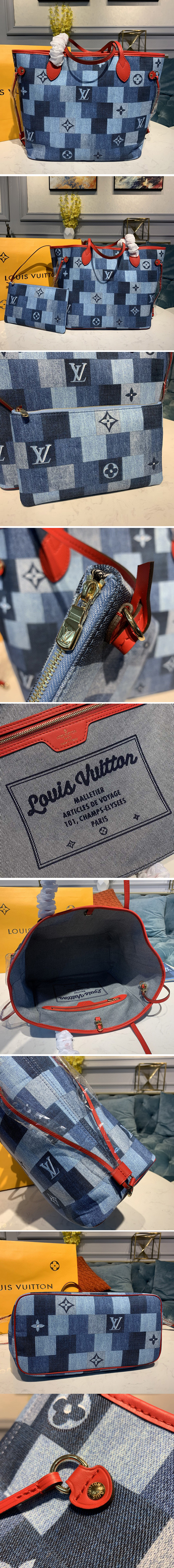 Replica Louis Vuitton M44981 LV Neverfull mm tote bags in Blue/Red Monogram Denim canvas